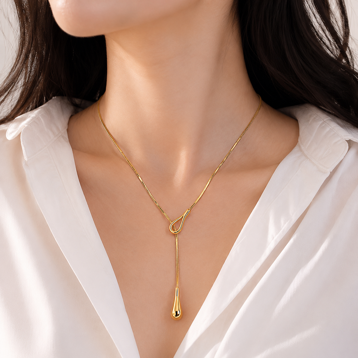 Sculptural Knot Y-Drop Lariat Necklace — Golden Drop Detail | Power8