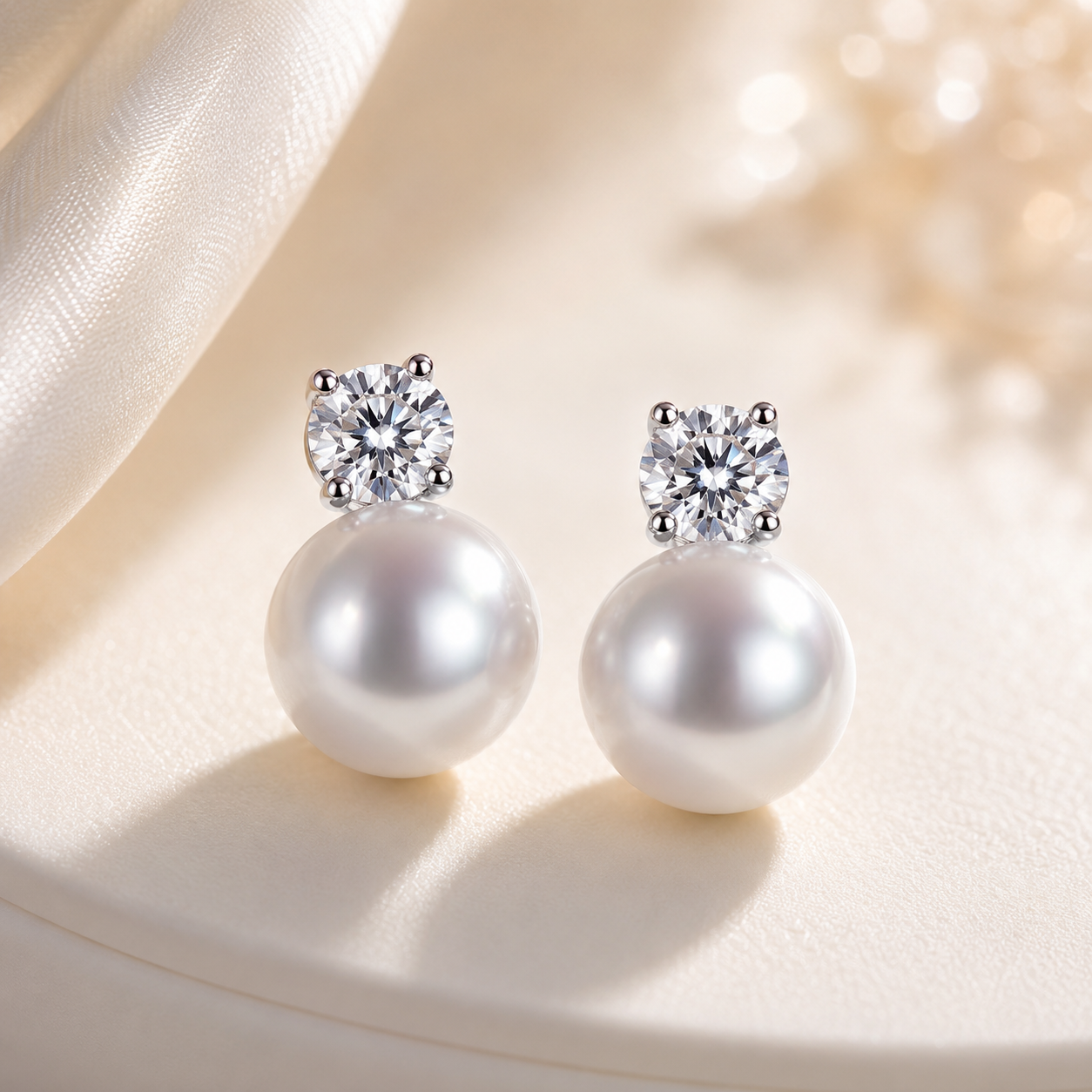 Pearl & CZ Stud Earrings — Close-Up Detail | Power8
