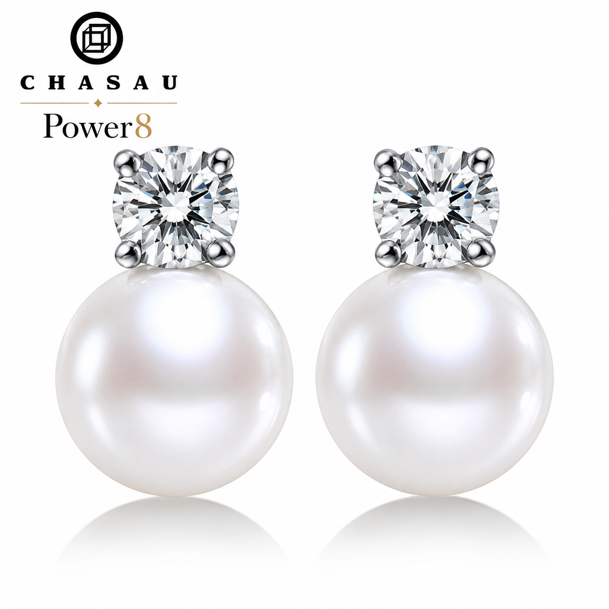 Pearl & CZ Stud Earrings — Side View | Power8