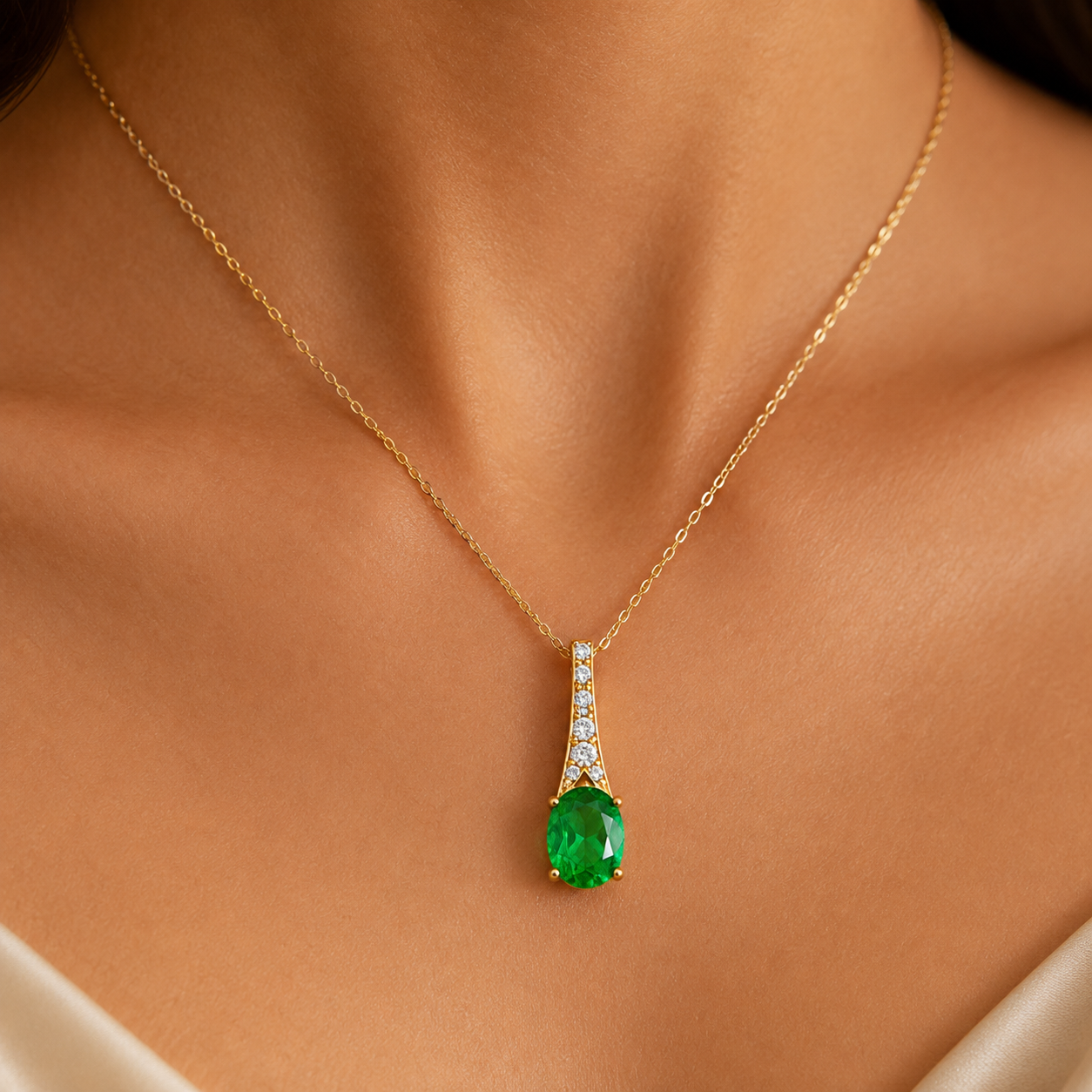Oval Emerald Pendant Necklace — Side View | Power8