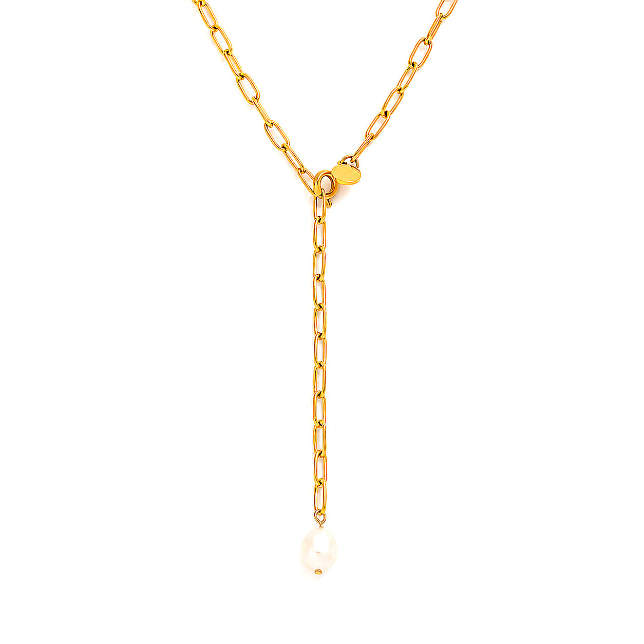 Freshwater Pearl Lariat Necklace — 18K Gold White Background | Power8