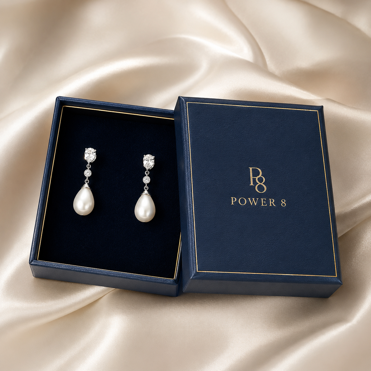 Teardrop Pearl & Zirconia Drop Earrings — Presentation Box | Power8
