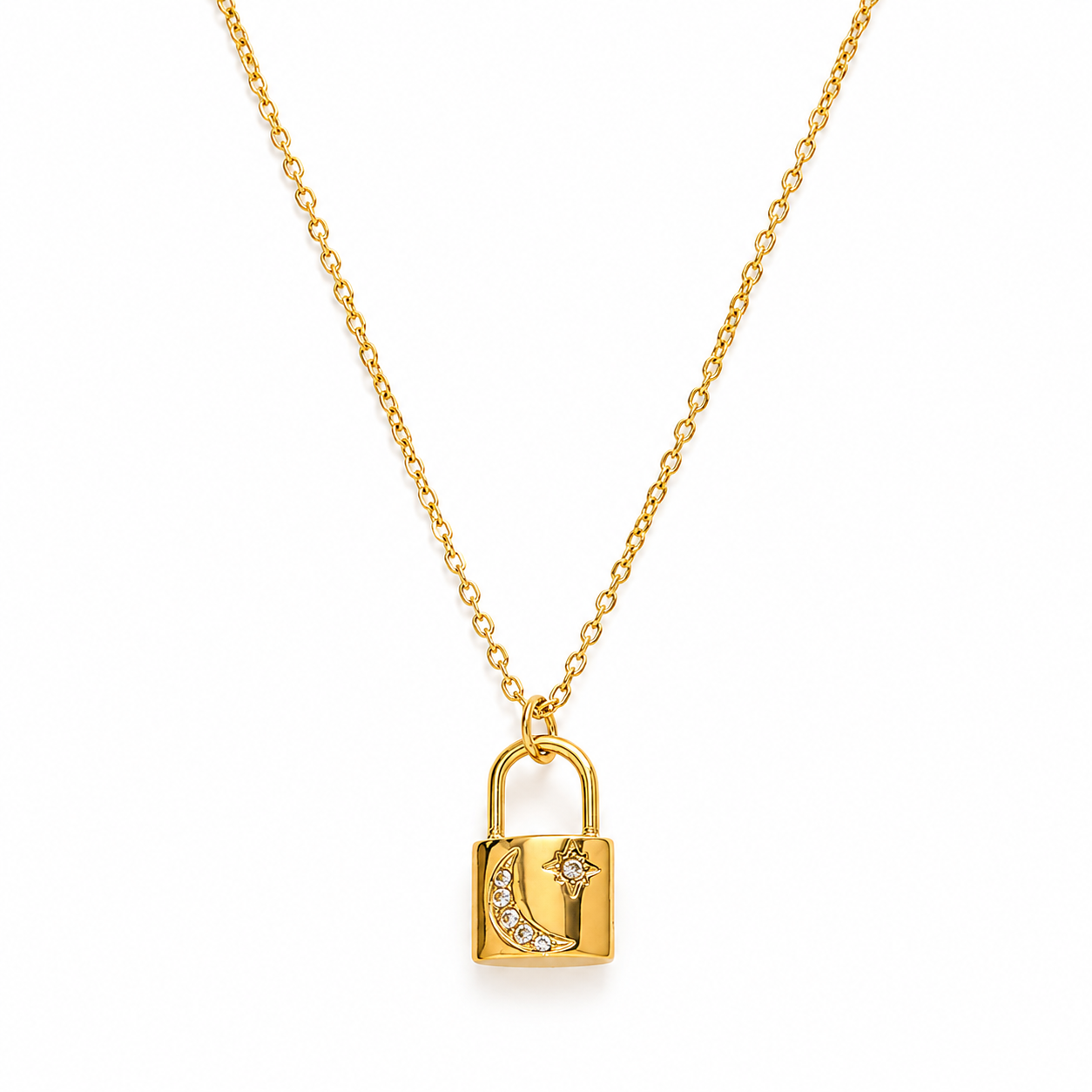Moon & Star Padlock Pendant Necklace — 18K Gold Zirconia | Power8