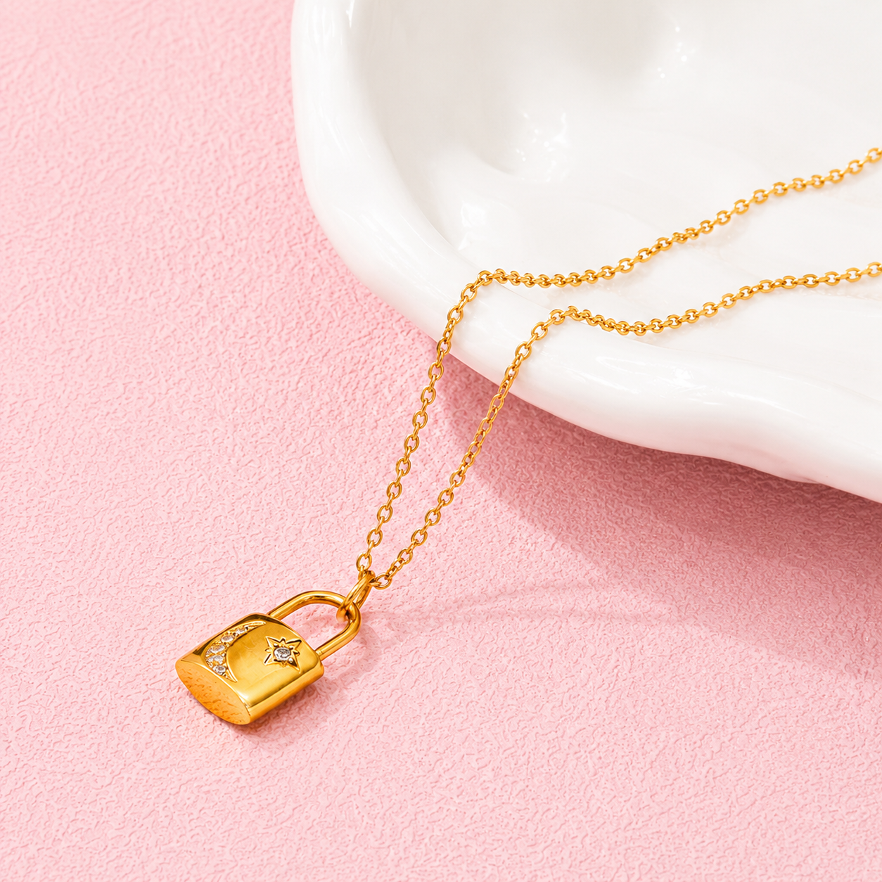 Moon & Star Padlock Pendant Necklace — Model Shot | Power8