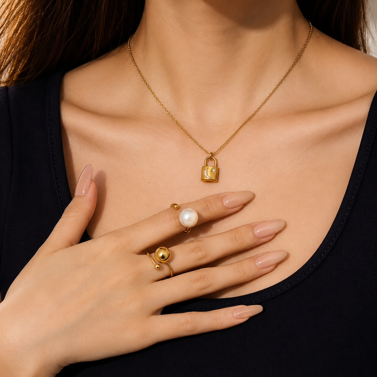 Moon & Star Padlock Pendant Necklace — Lifestyle Shot | Power8
