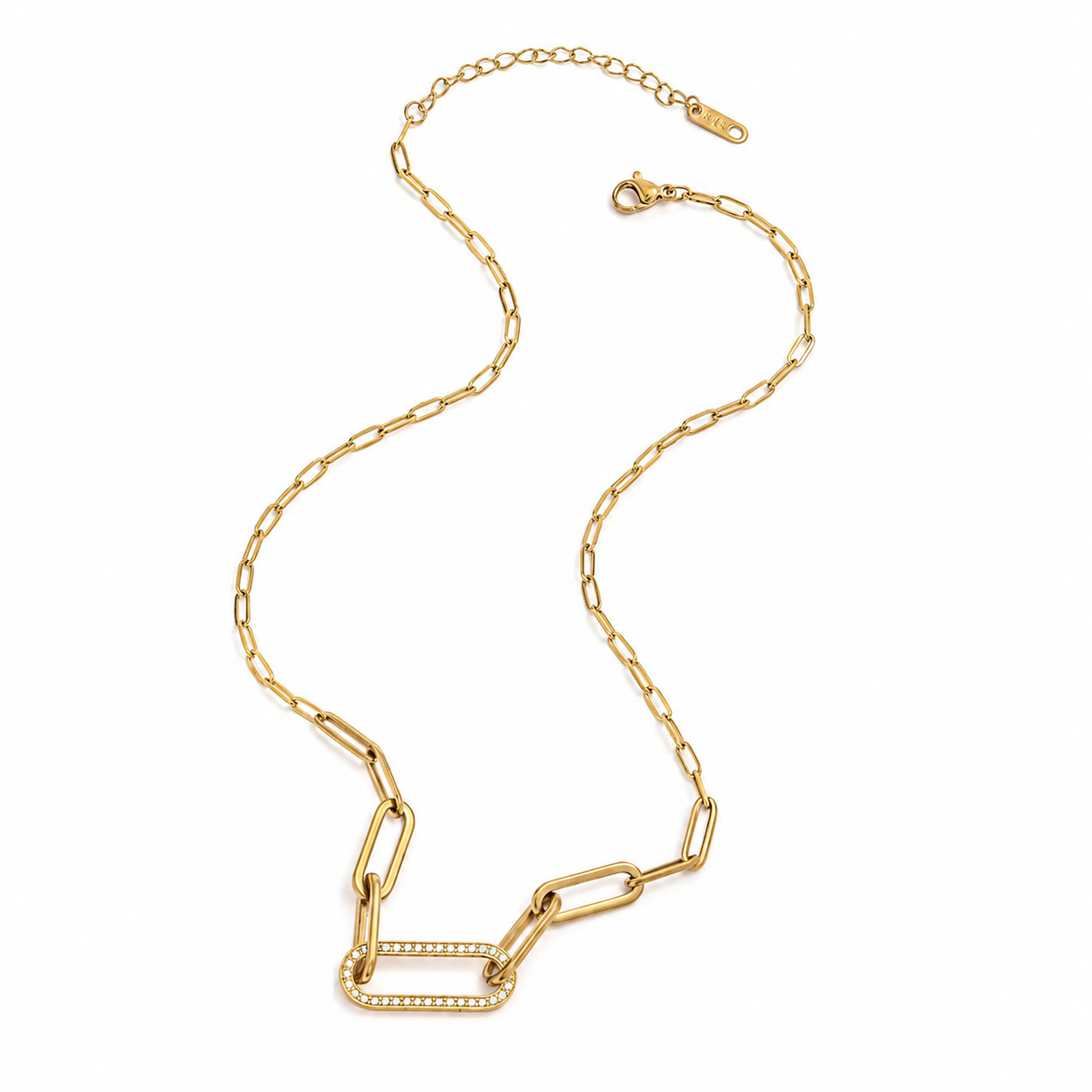 Oval Zirconia Pavé Pendant Necklace — Gold Paperclip Chain | Power8